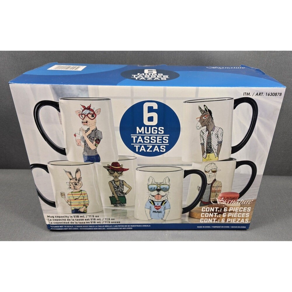 Hipster Animal Coffee Mugs Stoneware by Signature Housewares NEW IN BOX Set of 6